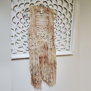 Tea Dyed Battenberg Lace And Floral Lace Boho Vest Size Medium